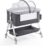 4 in 1 Baby Bassinet, Rocking Bassinets Bedside Sleeper with Comfy Mattress and Wheels, Height Adjustable Easy Folding Portable Bedside Crib for Newborn Infant,Dark Gray