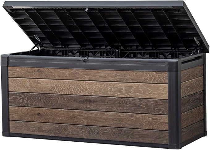 Keter Signature Collection 150 Gallon Resin Deck Box Organization and Storage Box for Patio Outdoor Cushions, Throw Pillows, Garden Tools and Pool Supplies, Walnut