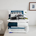 Erosebridal Police Car Comforter Sets King Size, Policeman Boys Bedding Set for Kids Boys Children Teens Bedroom Decor, Polica Vehicle Quilt Cartoon Automobile Duvet Insert with 2 Pillow Cases
