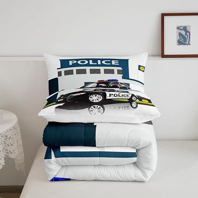 Children Police Car Down Comforter, 3D Car Pattern Comforter Set Queen Size for Kids Boys Girls Teens Bedroom, Cartoon Automobile Quilted Duvet, Decorative 3 Piece Bedding Set with 2 Pillow Cases
