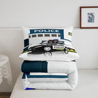 Children Police Car Comforter Set, 3D Car Pattern Down Comforter Twin Size for Kids Boys Girls Teens Bedroom, Cartoon Automobile Quilted Duvet, Decorative 2 Piece Bedding Set with Pillow Case