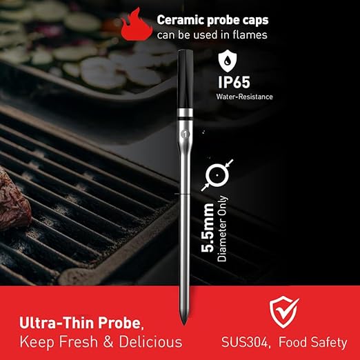 Smart Wireless Meat Thermometer for Grilling and Smoking – Bluetooth 5.2, 150m Range, IP65 Waterproof Probe – Rechargeable USB-C BBQ Thermometer for Smoker, Oven, Rotisserie
