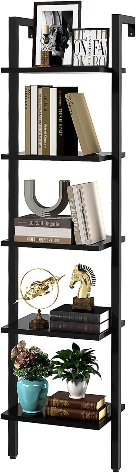 YMYNY 5 Tiers Narrow Ladder Bookcase, Industrial Wall Mounted Bookshelf, Open Display Rack with Metal Frame, Wooden Storage Shelves for Bedroom, Home Office, Living Room, Black, 70*17.3*11.8"UHBC015B