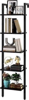 YMYNY 5 Tiers Narrow Ladder Bookcase, Industrial Wall Mounted Bookshelf, Open Display Rack with Metal Frame, Wooden Storage Shelves for Bedroom, Home Office, Living Room, Black, 70*17.3*11.8"UHBC015B