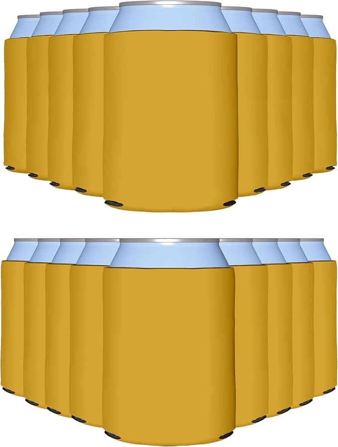 PartyPrints 25 Pack Gold Blank Can Cooler Sleeves, Customizable Bulk Insulated Foam for Beer, Collapsible Plain Drink Holder, Cold Soda Insulator, 12oz Regular, 16oz Tall Cans