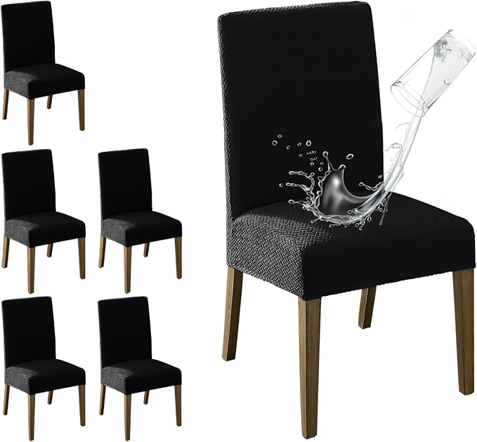 MOSAYT 100% Waterproof Dining Room Chair Covers Set of 6, Super Fit Stretch Jacquard Parson Chairs Slipcovers Removable Washable Chair Seat Protectors for Home, Kitchen, Banquet (Black)