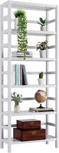 Bookshelf, 6-Tier Tall Bookcase Freestanding Bamboo Book Shelf Bathroom Storage Organizer with Adjustable Shelves, White