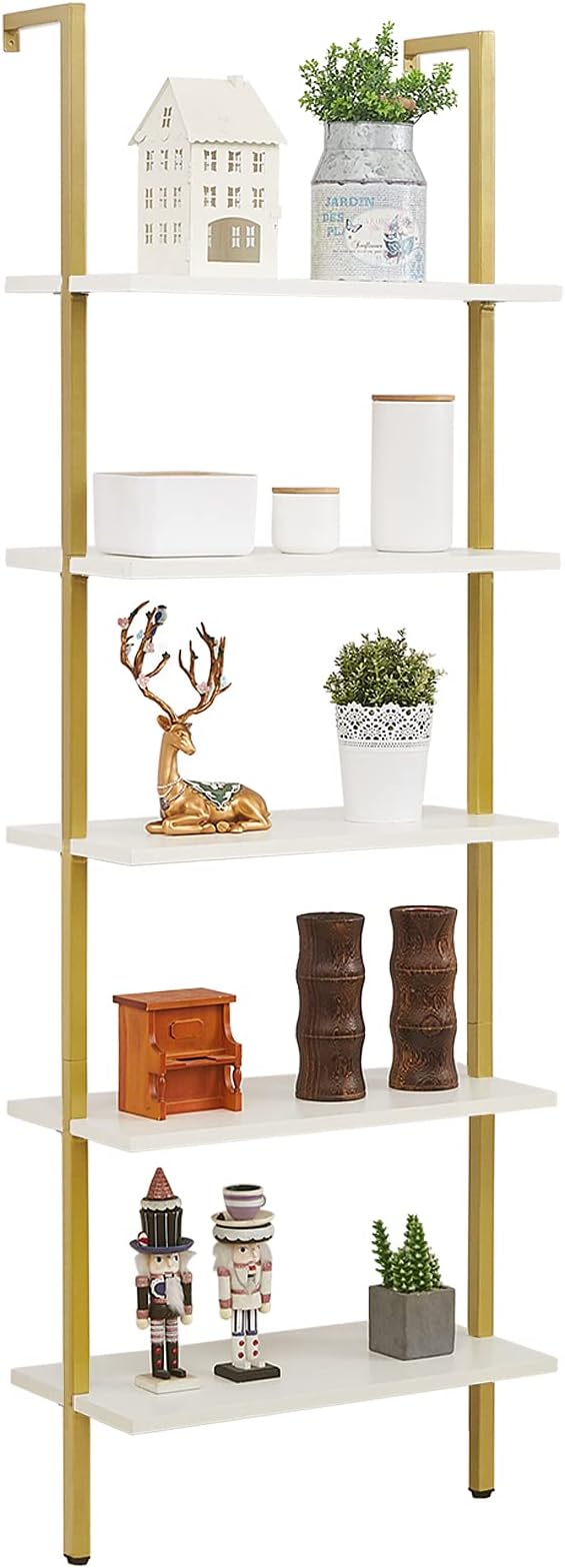 SUPERJARE Modern Ladder Shelf, 5-Tier Open Wall-Mounted Bookshelf with Stable Metal Frame, 72 Inches Storage Rack Shelves, Stand Bookcase for Home Office - White/Gold