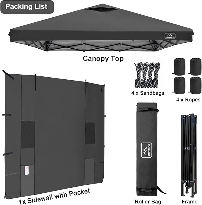 KAMPKEEPER 10x10 Easy Pop Up Canopy Tent with Sidewalls, Instant Outdoor Shade Shelter with Removable 10FT Sun Walls, Quick Setup Waterproof and UV-Resistant for Patio (Black, 1 sidewall)
