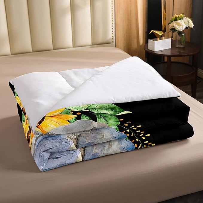 Elephant Comforter Set, Yellow Sunflower Down Comforter Twin Size for Kids Girls Teens Adult Bedroom Decor, African Safari Animal Duvet Sets Floral Petal Country Bedding Set with 1 Pillow Case
