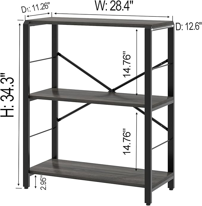 FOLUBAN Industrial Small Bookshelf, 3 Tier Low Short Book Shelf, Metal and Wood BookCase for Small Spaces, Bedroom Living Room, Dark Gray