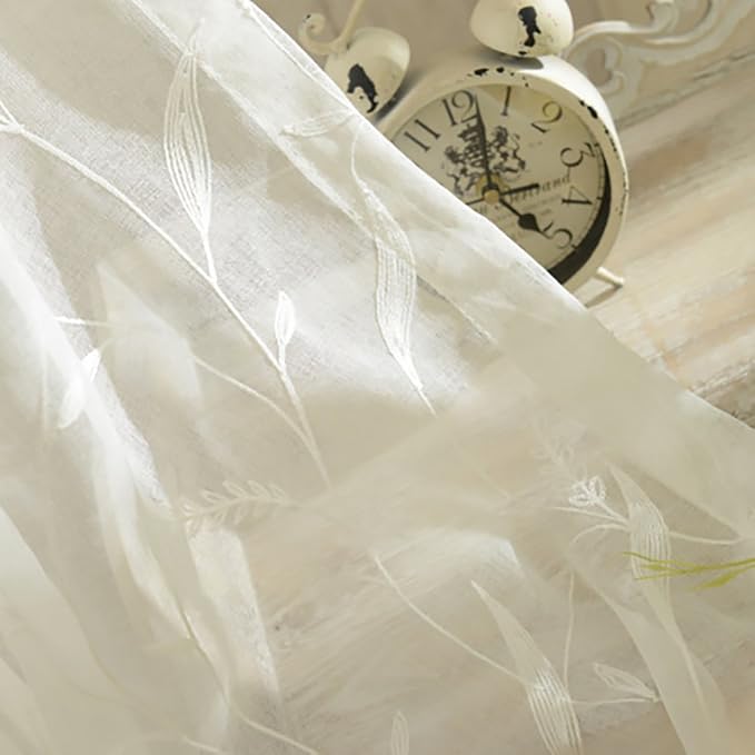 White Rod Pocket Sheer Curtains 96 inches Length Embroidered Window Curtain Sheer Voile Panels for Living Room & Bedroom, 60x96, Two Panels