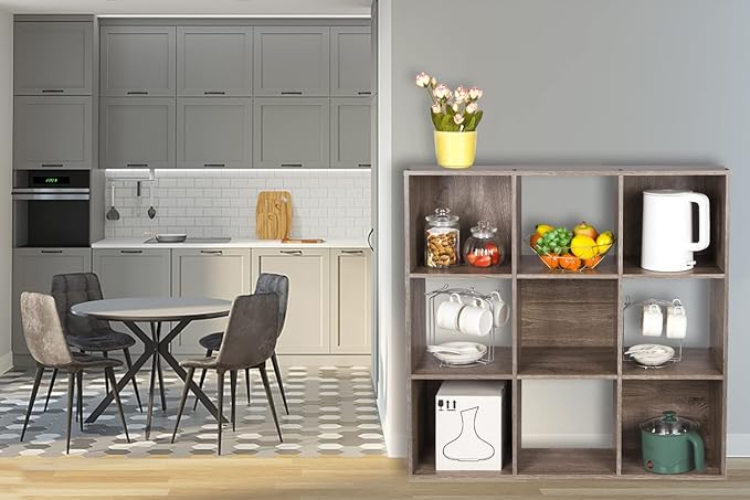 PACHIRA US 9 Cube Storage Organizer, Wood Display Shelf, Free Standing Cubby Bookcase Cabinet Divider Bookshelf for 11 Inch Storage Basket, Rustic Brown Oak