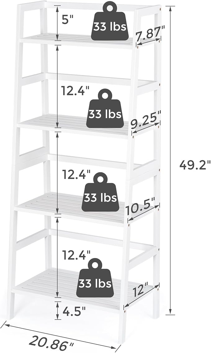 4-Tier Bamboo Bookshelf Ladder Shelf Book Shelf Bookcase Freestanding Storage Rack Plant Stand for Bedroom, Living Room, Bathroom, Small Space, Light white