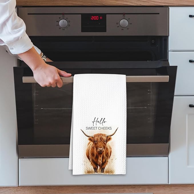 Highland Cow Farmhouse Hand Towels for Bathroom Kitchen Decor | Waffle Weave Microfiber Dish Towel Set | Hello Sweet Cheeks Farmhouse Cow Decorative - A01