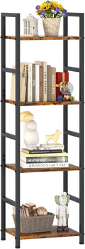 4 Tier Bookshelf, Small Book Shelf Industrial Bookcase, Metal Narrow Book Case Book Storage Organizer,Bookshelves for Bedroom Office Living Room(4 Tier,Rustic Brown)