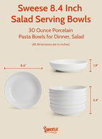 Sweese Large Salad Serving Bowls, 30 Ounce Porcelain White Pasta Plates Set of 6, 8.4 Inch Pasta Bowls for Dinner, Salad - Microwave Dishwasher