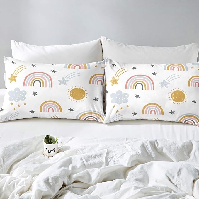 Rainbow Comforter Set for Girls, Sun and Stars Bedding Set King for Kids Boys Children Cartoon Cloud Bedding Comforters Girly Soft Microfiber Duvet Insert for Bedroom Decor, Rainbow Gifts For Kids