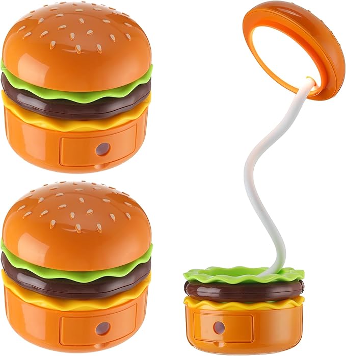 2 Pcs Cute Hamburger Lamp with Pencil Sharpener, Adjustable Novelty Night Desk Lamp, Funny Rechargeable Multifunctional Reading Bedside Lamp for Home Bedroom Boys Girls Kawaii Gift