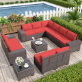 Patio Furniture Set Sofa 12-Pieces Wicker Sectional Sofa Set, Outdoor Furniture Rattan Patio Conversation Set with Thickened Cushions and Glass Coffee Tables, Red