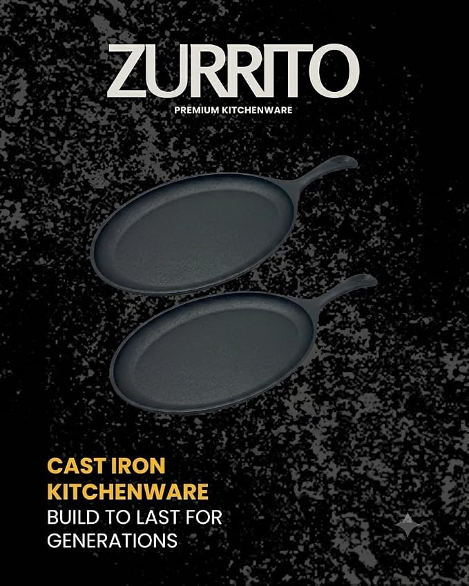 2x Fajita Skillet with Saucers, Cast Iron Hot Plate, Fajita Kit, Sizzling Plate with Wooden Base, Fajita Skillet Set, Sizzle Platter, Cast Iron Serving Dishes, Steak Plates for Eating