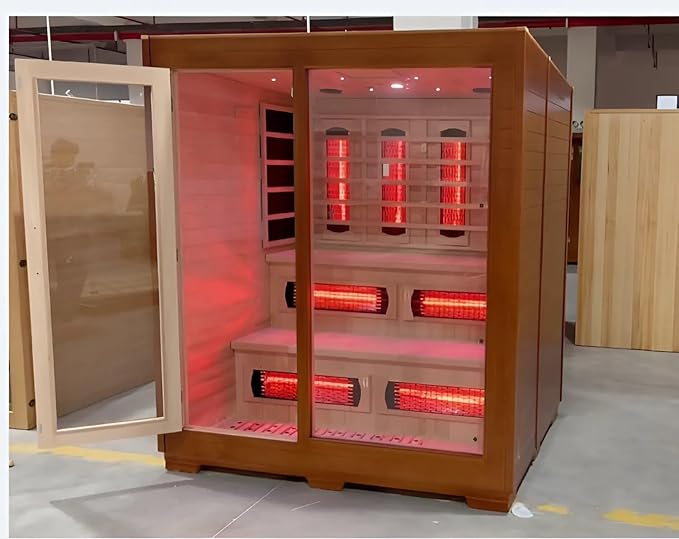 Indoor Luxury Cabin Sauna – Dual System Dry & Wet, Canadian Hemlock, Full Spectrum Infrared Heating, 4-5 People, 220V, 6KW Harvia Stove, Seven-Color Ambient Light, 8mm Tempered Glass