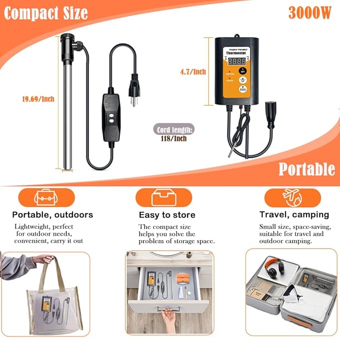 240V 3000W Portable Fully Submersible Electric Pool and Hot Tub Immersion Water Heater with Gfci Plug, Thermostat for Bathtub, Baptistry, Baptismal, Inflatable, Swimming Above Ground Pools
