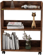 3 Tier Nightstand with Wheels, Wood Small Bookshelf and Bookcase, Farmhouse Bedside End Table with Storage Rack for Bedroom, Library, Living Room, Home, Office Cart, Rustic