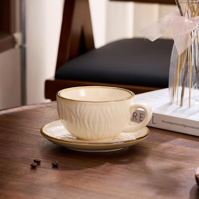 Coffeezone Vintage Design 12 oz Ceramic Latte Art Cappuccino Barista Cup with Saucer (Wave Beige)