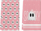 Artoid Mode Pink Ghost Halloween Kitchen Towels Set of 2 18x26 Inch | Spooky Bow Knot Hand & Dish Towels,Ultra Absorbent,Seasonal Farmhouse Decoration