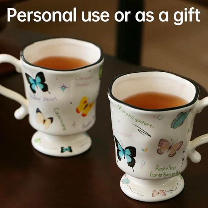 360ml -12.17oz Painted Butterfly Ceramic Mug - Cute Coffee Cup for Latte, Espresso - Gift for Women, Dishwasher Safe