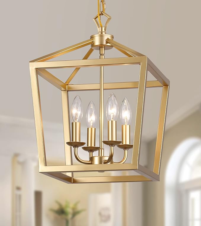 AMZASA Gold Lantern Chandelier Hanging Pendant Light Fixture 4-Lights for Kitchen Island Dining Room Hallway Entryway Foyer UL Listed