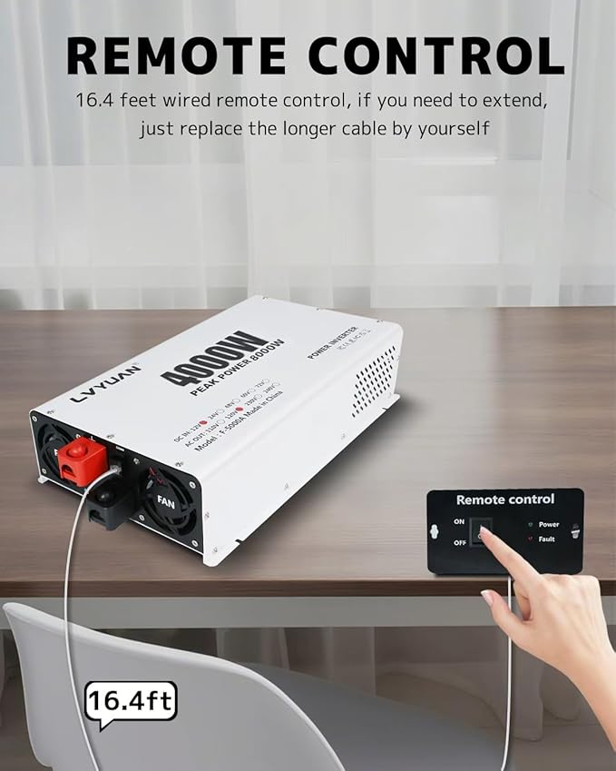 LVYUAN 4000 Watt Power Inverter 12V to 110V 120V DC to AC Converter with 4 AC Outlets, LCD Display, USB Charge Port, Remote Control for Home RV Vehicle Outdoor Camping Car Power Inverter