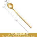 12 Pcs Coffee Spoons Set, 6.7" Gold Tea Spoons Long Handle, Gold Small Teaspoons, Stainless Steel Espresso Spoon, Long Spoon for Stirring, Coffee Bar Accessories (Pack of 2)