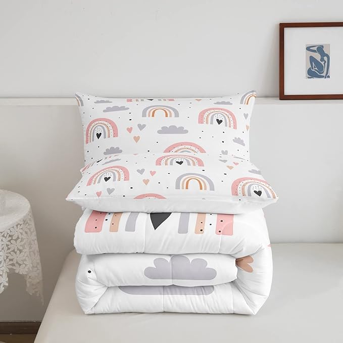 Rainbow Full Bedding Sets For Girls, Kawaii Cloud Comforter Set 3 Pieces With 2 Pillow Cases, Pink Love Heart Down Comforter For Kids Boys Women Adult, Hand Drawn Cartoon Rainbow Duvet Insert
