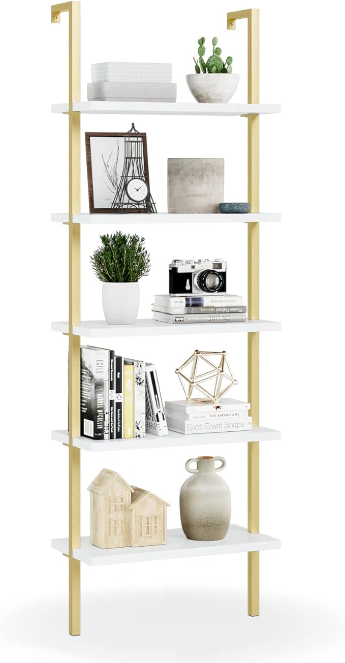 NUMENN 5 Tier Book Shelf, Industrial Ladder Shelf, Open Space Wall Mount Bookshelf with Metal Frame, Sturdy Book Shelves, Bookcase for Living Room, Home Office Shelf, White/Gold