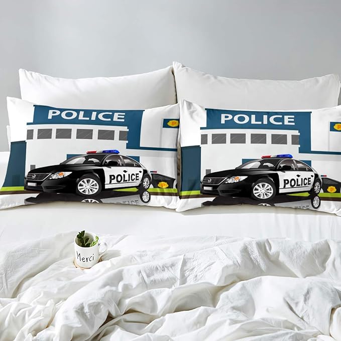 Children Police Car Down Comforter, 3D Car Pattern Comforter Set Queen Size for Kids Boys Girls Teens Bedroom, Cartoon Automobile Quilted Duvet, Decorative 3 Piece Bedding Set with 2 Pillow Cases