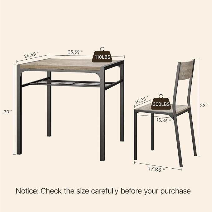 Gizoon 3-Piece Dining Table Set for 2, Small Kitchen Table & Chairs Grey | Compact grey 2-person dining set perfect for apartments. Features under-table storage rack and 2 chairs that tuck away.