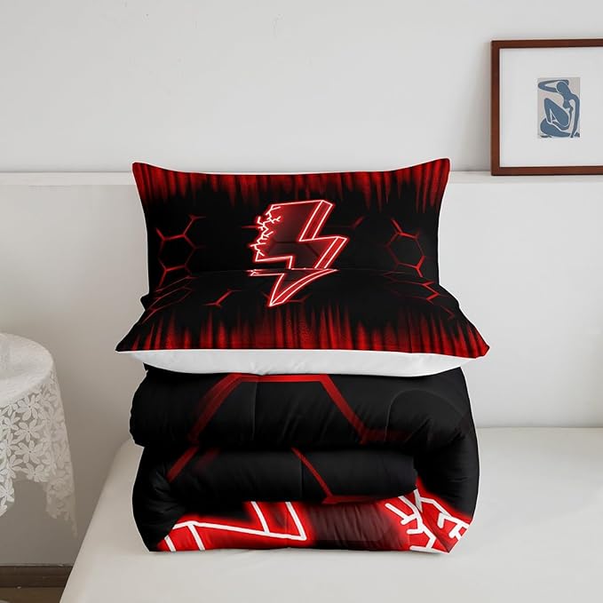 Feelyou Game Flash Bedding Set Full Size Boys Girls Ombre Comforter Set for Kids Honeycomb Comforter Red Black Duvet Set Room Decor Quilt Set