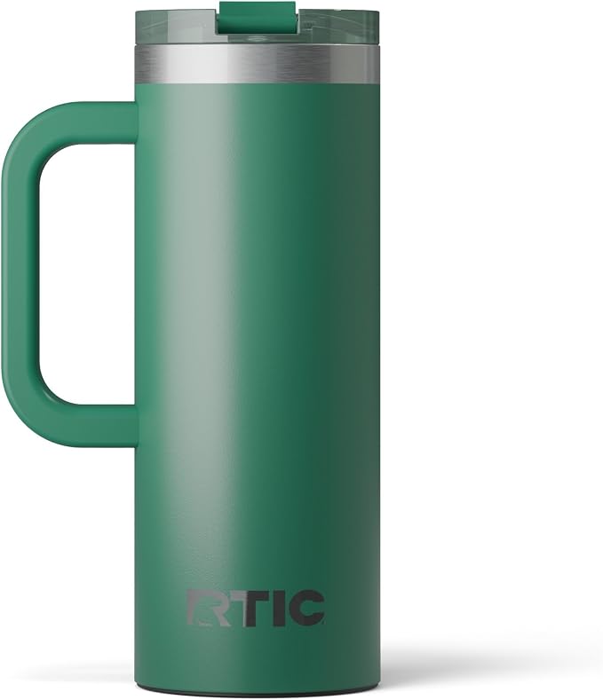 RTIC 20oz Road Trip Travel Mug with Lid and Handle, Ceramic Lined, Insulated, Stainless Steel, Metal, Double Wall Vacuum-Insulation, Portable Coffee, Tea Cup for Hot and Cold Drink, Pine Tree