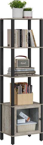 TUTOTAK 5 Tier Bookcase and Bookshelf, Narrow Book shelf with Door for Small Space, for Living Room, Office, Study, Entryway, Greige BS03BG005