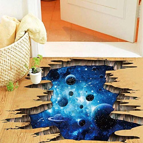 3D Space Floor Sticker,Blue Galaxy Wall Decal-Removable Mural for Kids Bedroom Living Room Milky Way Decorations