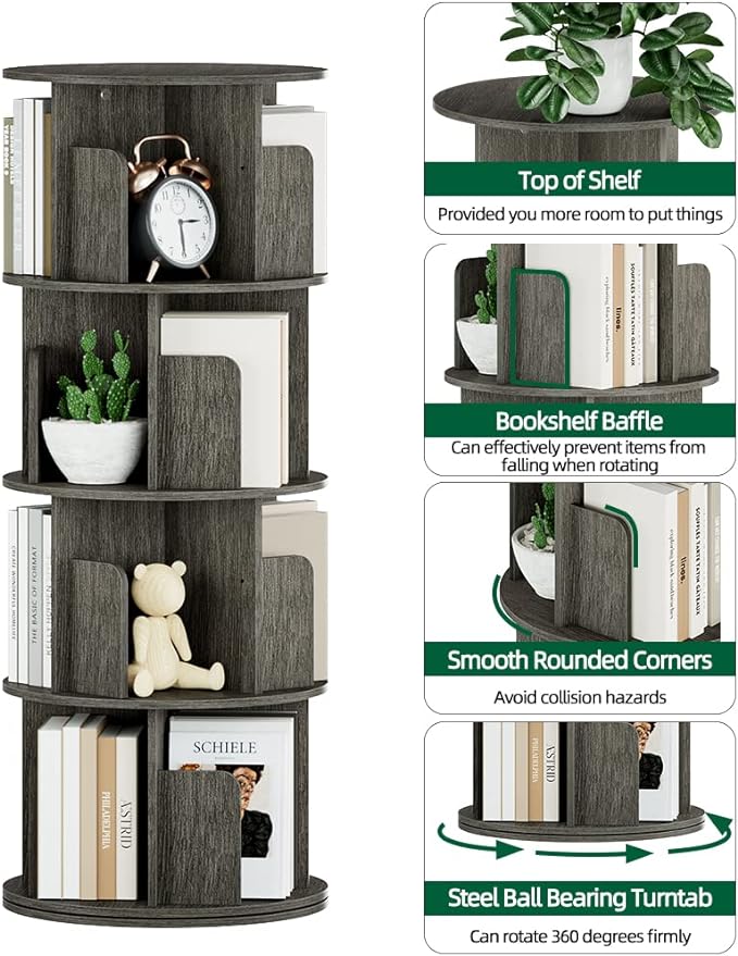 OTK Rotating Bookshelf, 360° Display Standing Book Shelf Organizer, 4 Tier Wooden Corner Bookshelves for Small Space, Small Bookcase Storage Rack for Kids' Room, StudyRoom, Bedroom, Black Oak
