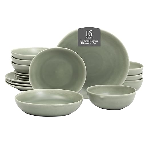 Gibson Elite Zion Mist 16 Piece Stoneware Reactive Glaze (Service for 4) Ceramic Plates and Bowls Modern Organic Dinnerware Set - Green