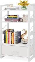 Small Bookshelf with Drawer - 4-Tier Wood Book Shelf Industrial Narrow Bookcase Storage Organizer Metal Stackable Shelves for Desktop Bedroom Living Room Home Office (White)