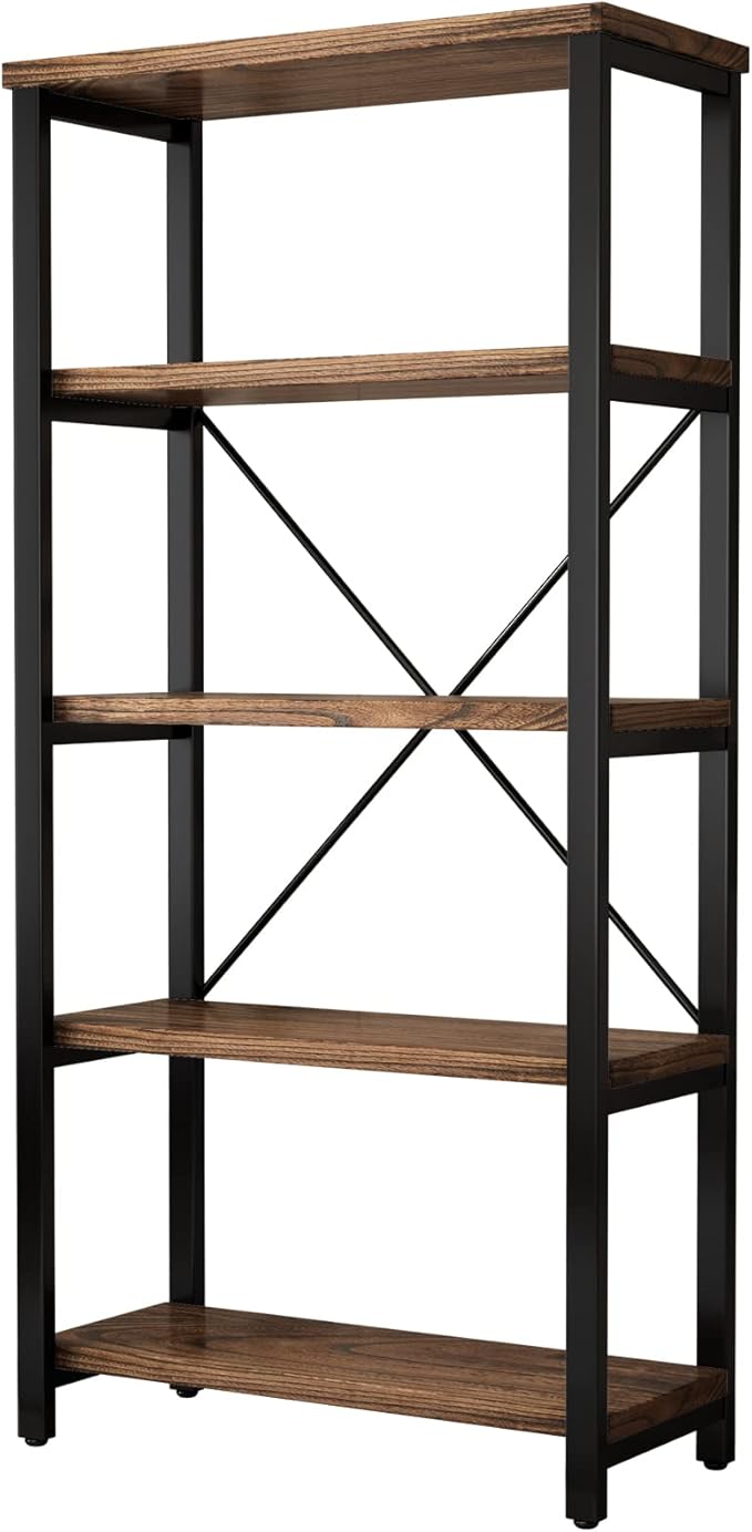 5 Tier Industrial Solid Wood Bookshelf, Open Etagere Bookcase with Metal Frame, Vintage Industrial Style Bookcase/Metal and Wood Bookshelf Furniture (AY01-5tier)
