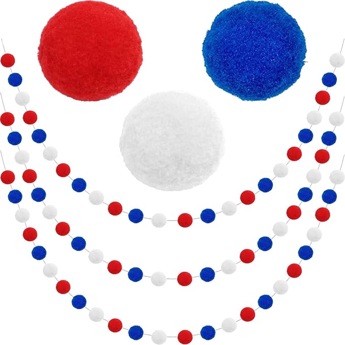 Jishi Pom Pom Garland 4th of July Decorations, Patriotic Red White Blue Felt Ball Garland, 3-Pack 6.6ft Long 24 Cute Pompom Balls String, Christmas Tree Decor Ornaments for Home Birthday Holiday Party