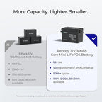 Renogy 12V 300Ah Mini Size LiFePO4 Lithium Battery, 200A BMS for Ultimate Safety, Deep Cycle w/Remote Monitoring Compatibility, Backup Power for RVs, Cabins, Marine, home storage - Core Series