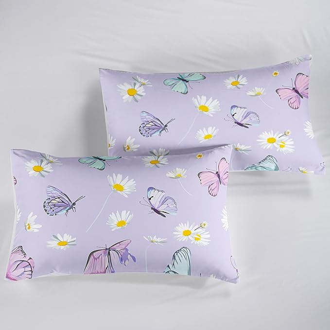 Butterfly Comforter Set for Kids Teens Girls Women,Daisy Kids Comforter,1 Comforter with 2 Pillowcase, Microfiber 3 Piece Bedding Set,for All Seasons(Purple，Full Size)