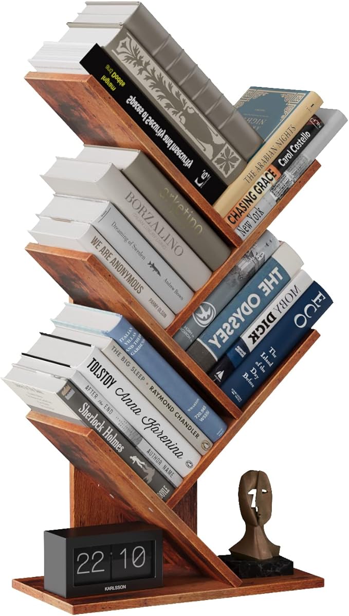 Tree Bookshelf, 5 -Tier Book Storage Organizer Shelves Floor Standing Bookcase, Wood Storage Rack for Office Home School Shelf Display for Cd/Magazine (Rustic Brown)